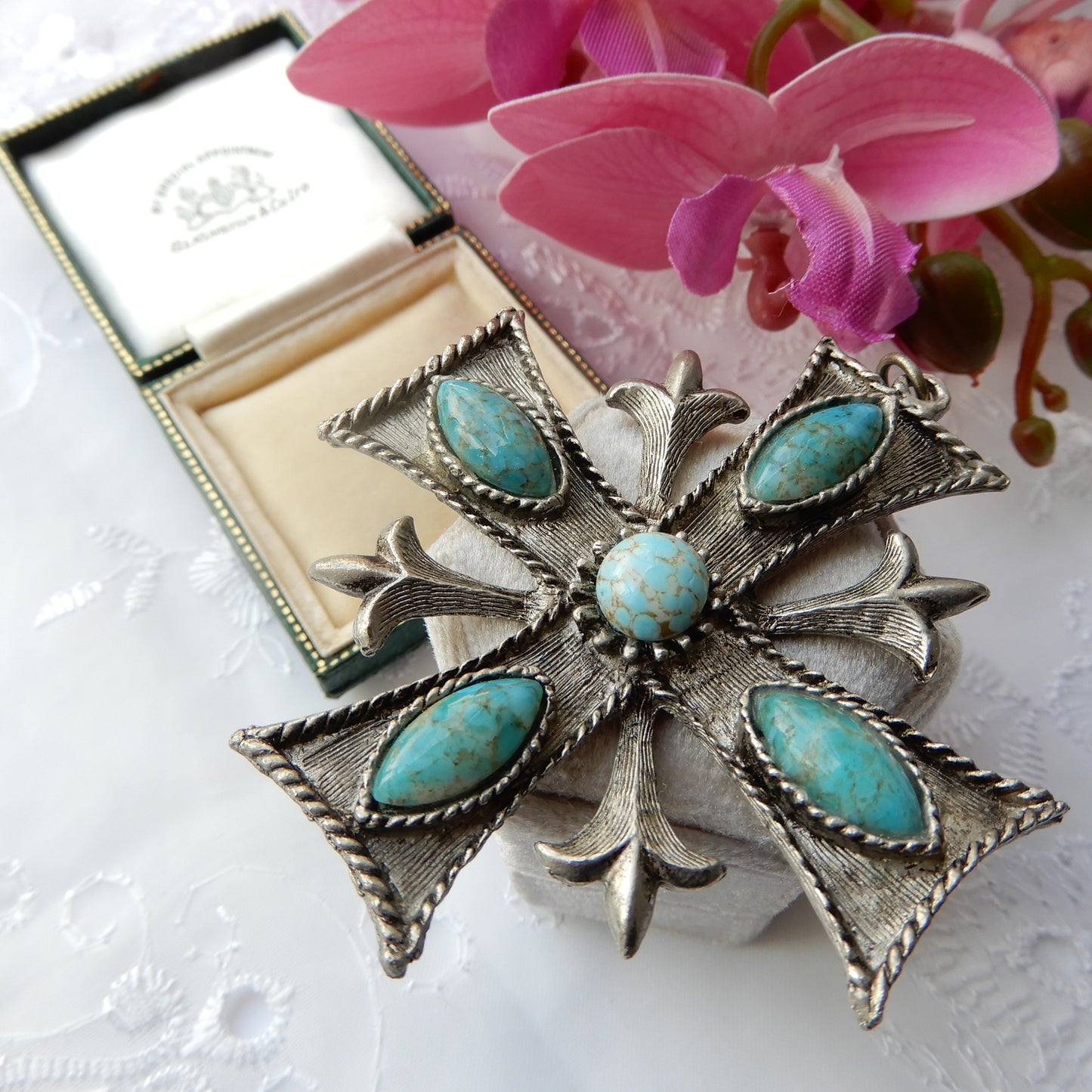 Large Vintage Turquoise Maltese Cross Pendant Signed Hollywood
