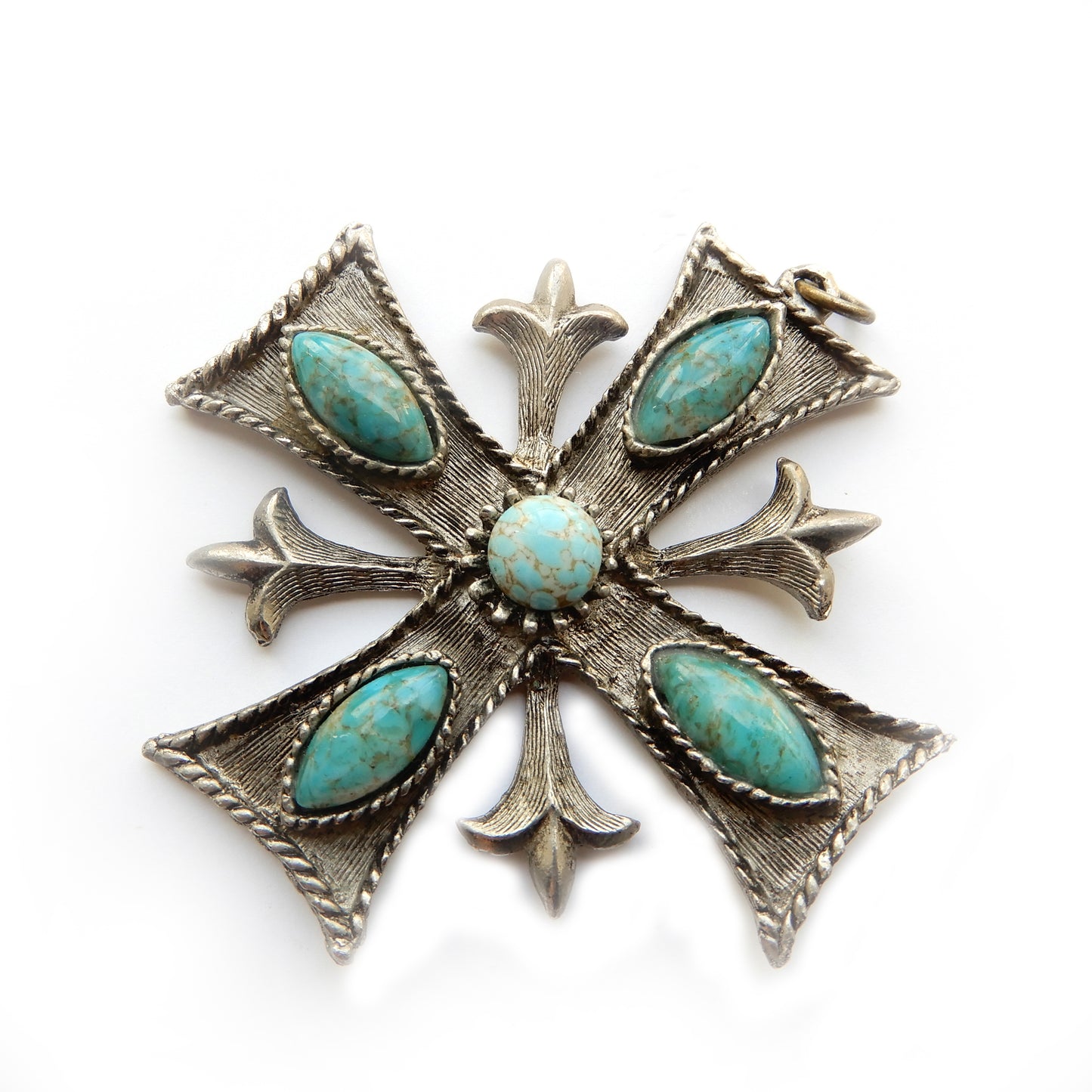 Large Vintage Turquoise Maltese Cross Pendant Signed Hollywood