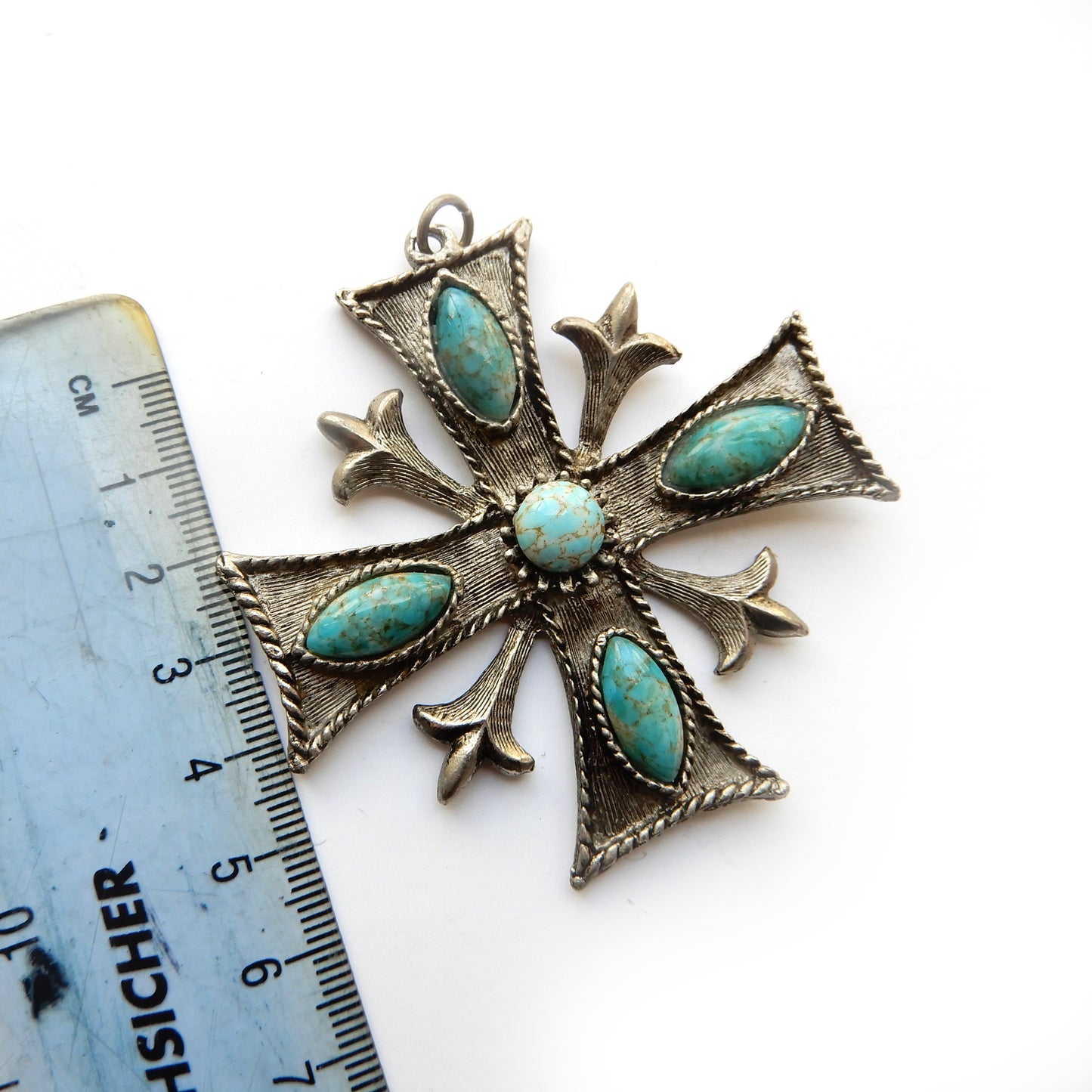 Large Vintage Turquoise Maltese Cross Pendant Signed Hollywood