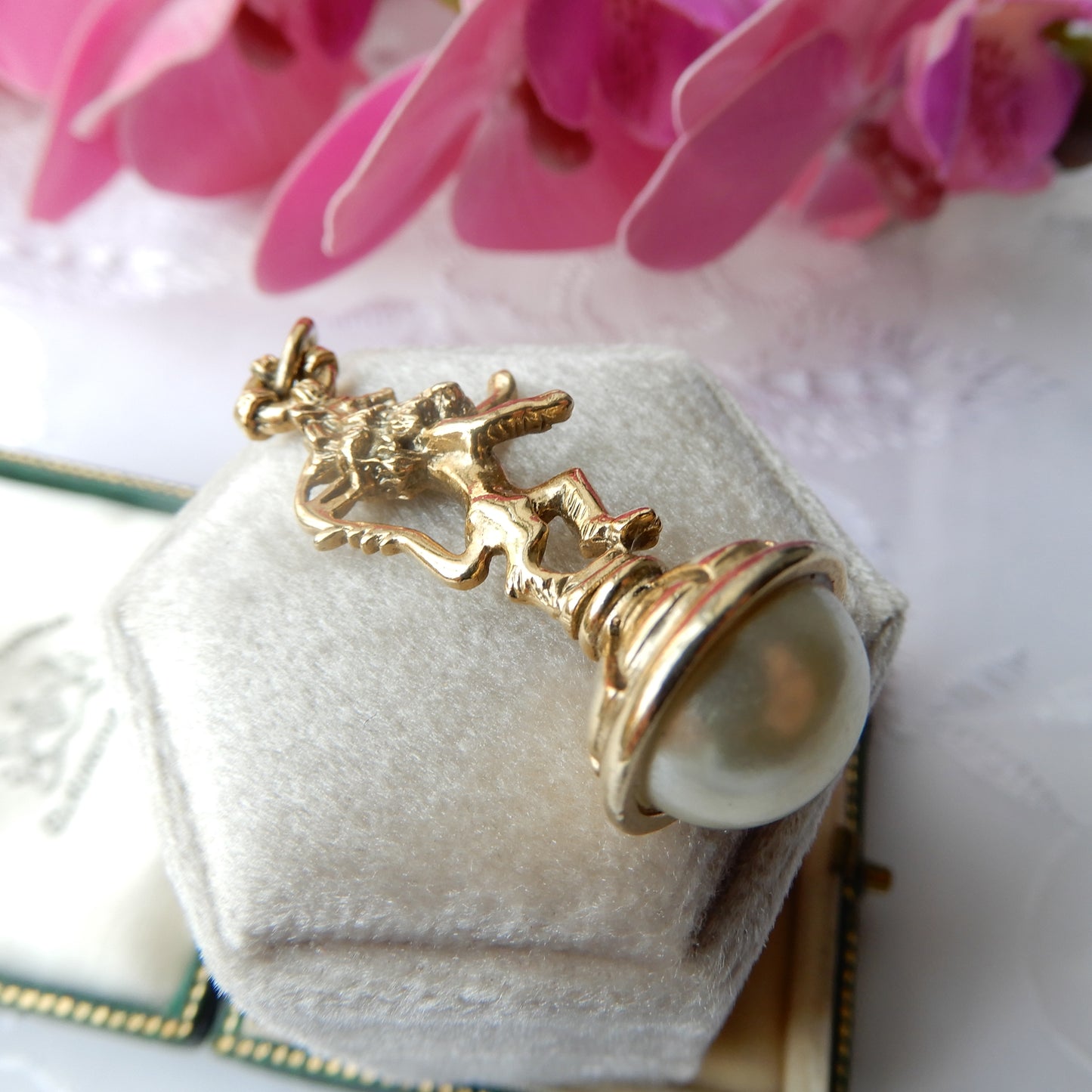 Vintage Gold-plated Lion Fob with Faux Pearl Cabochon