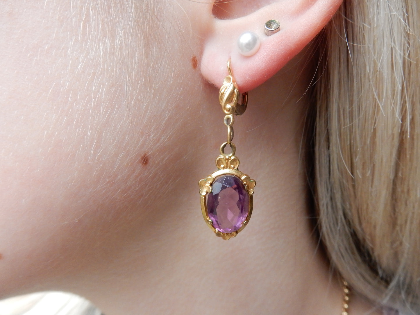Vintage Rolled Gold Amethyst Glass Drop Earrings