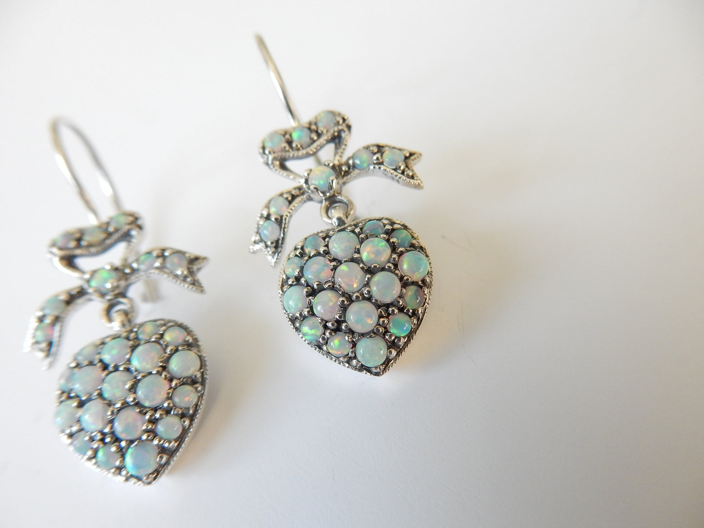 Sterling Silver Opal Heart Earrings