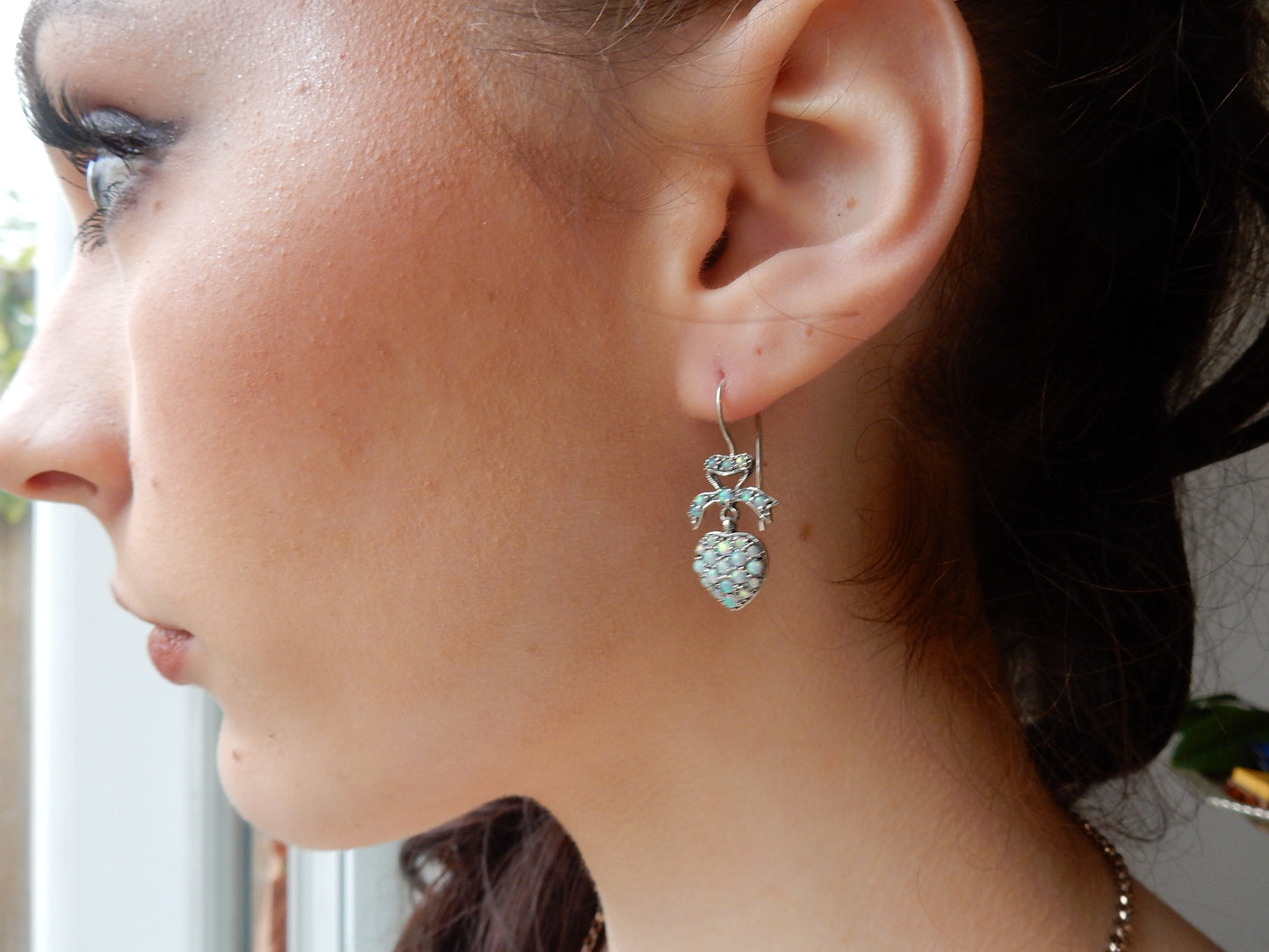Sterling Silver Opal Heart Earrings