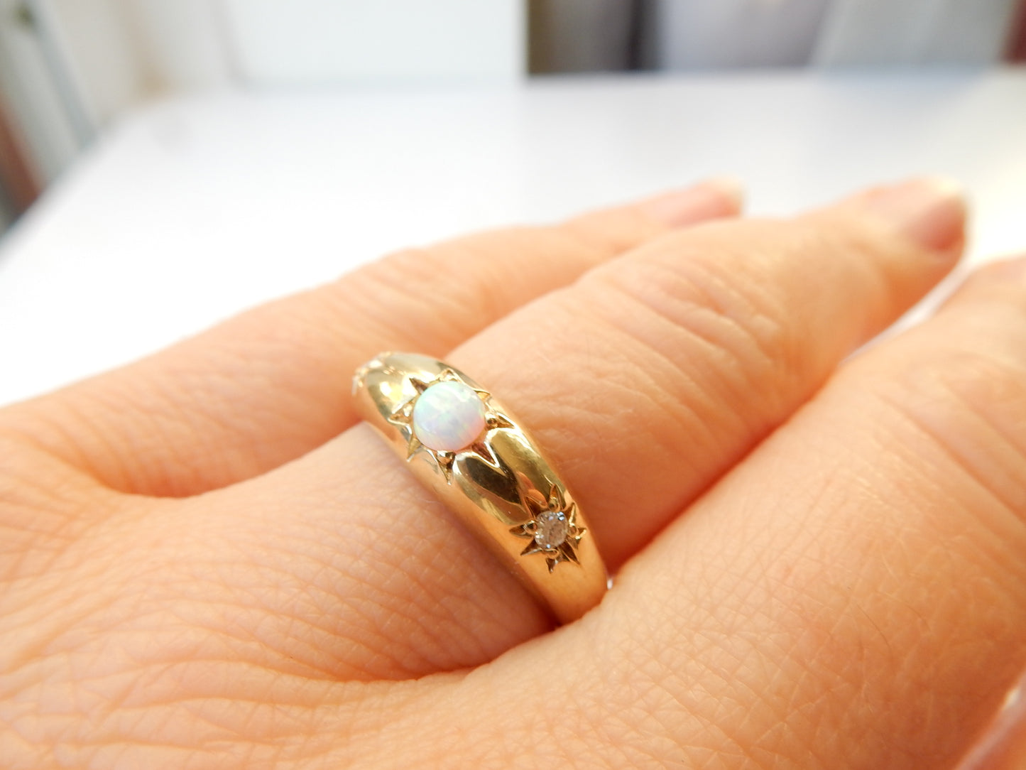 Solid Silver Vermeil Opal & Diamond Starburst Band
