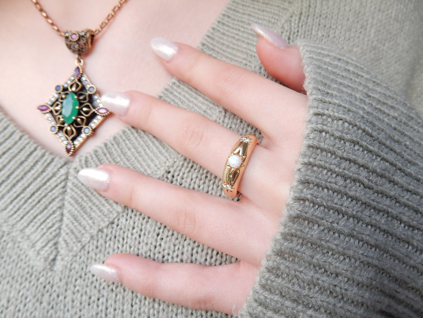 Solid Silver Vermeil Opal & Diamond Starburst Band