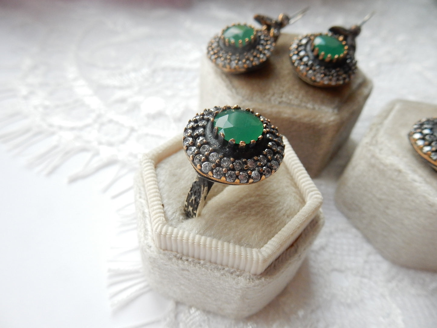 Vintage Solid Silver Green Chalcedony Ring Earring & Pendant Matching Jewelery Set