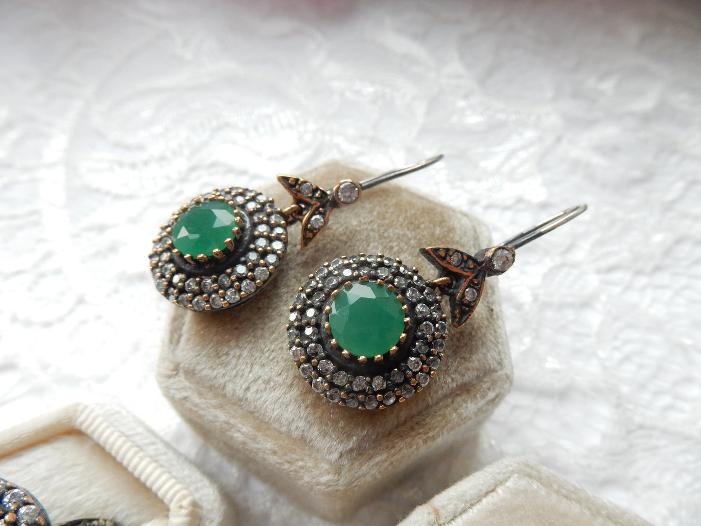 Vintage Solid Silver Green Chalcedony Ring Earring & Pendant Matching Jewelery Set