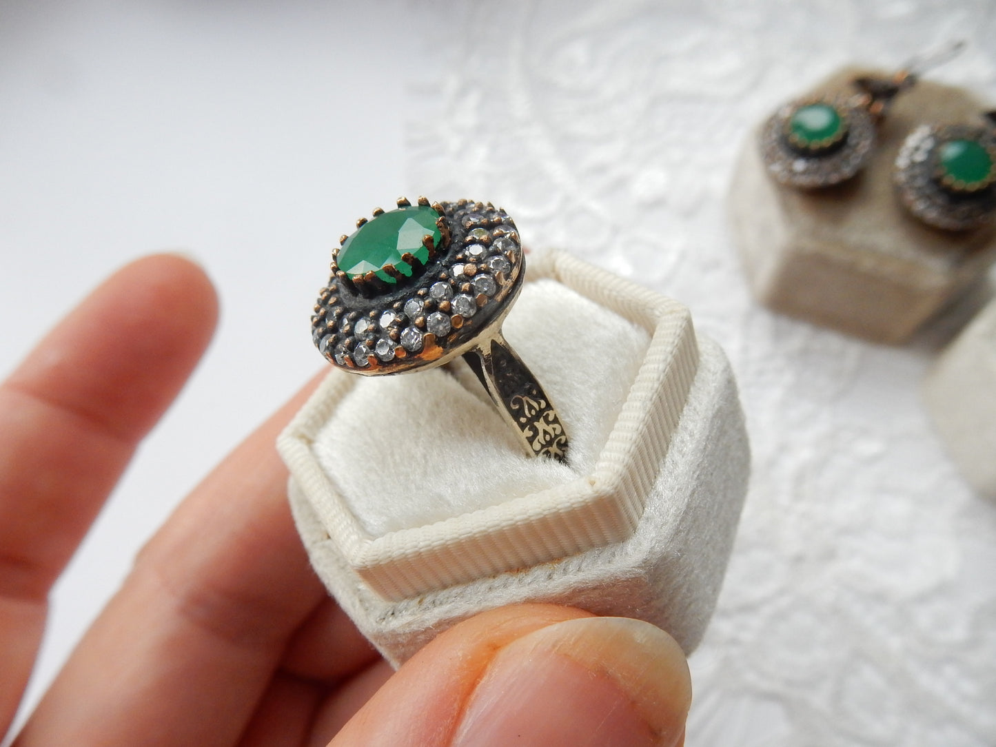 Vintage Solid Silver Green Chalcedony Ring Earring & Pendant Matching Jewelery Set