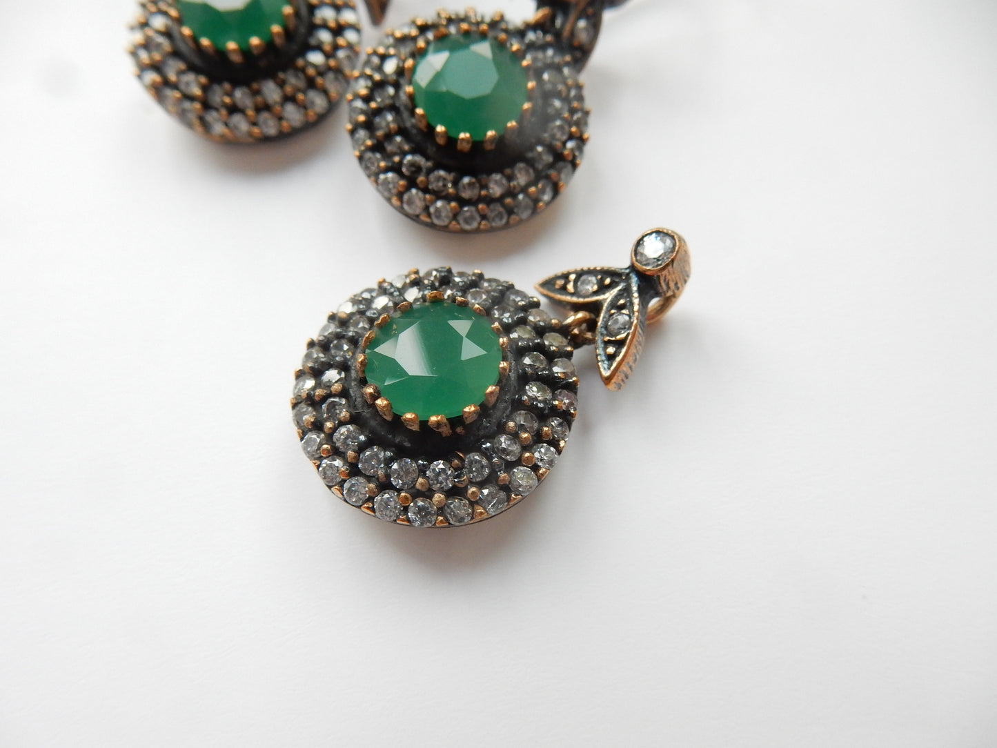 Vintage Solid Silver Green Chalcedony Ring Earring & Pendant Matching Jewelery Set