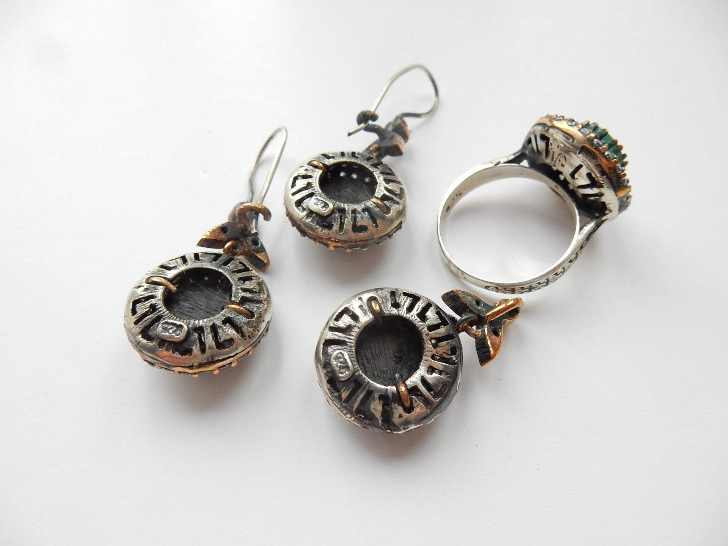 Vintage Solid Silver Green Chalcedony Ring Earring & Pendant Matching Jewelery Set