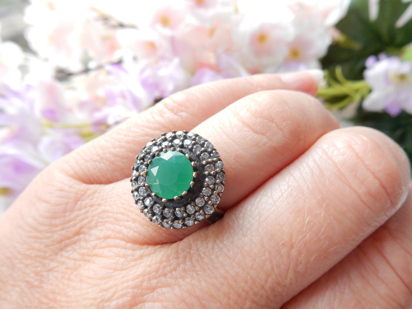 Vintage Solid Silver Green Chalcedony Ring Earring & Pendant Matching Jewelery Set