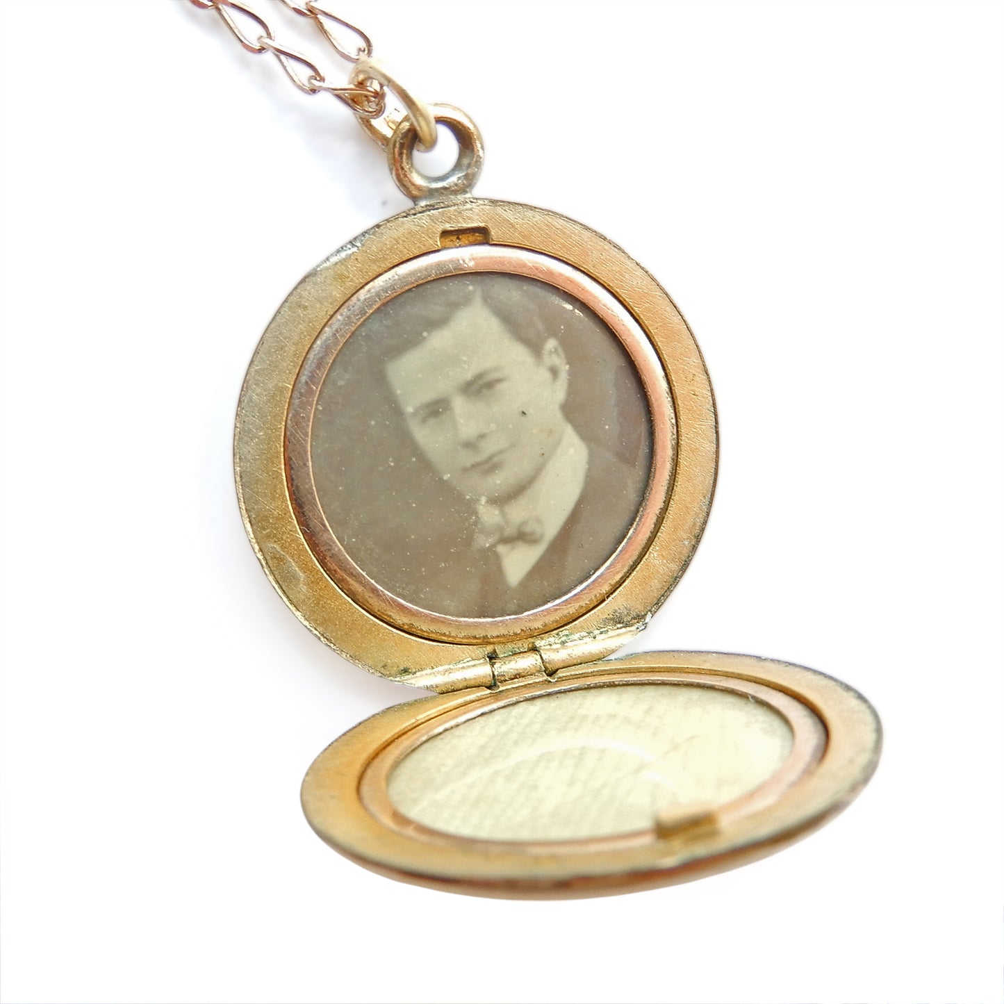 Antique Edwardian 9ct Rolled Rose Gold Circle Locket with Long Rose Gold Chain