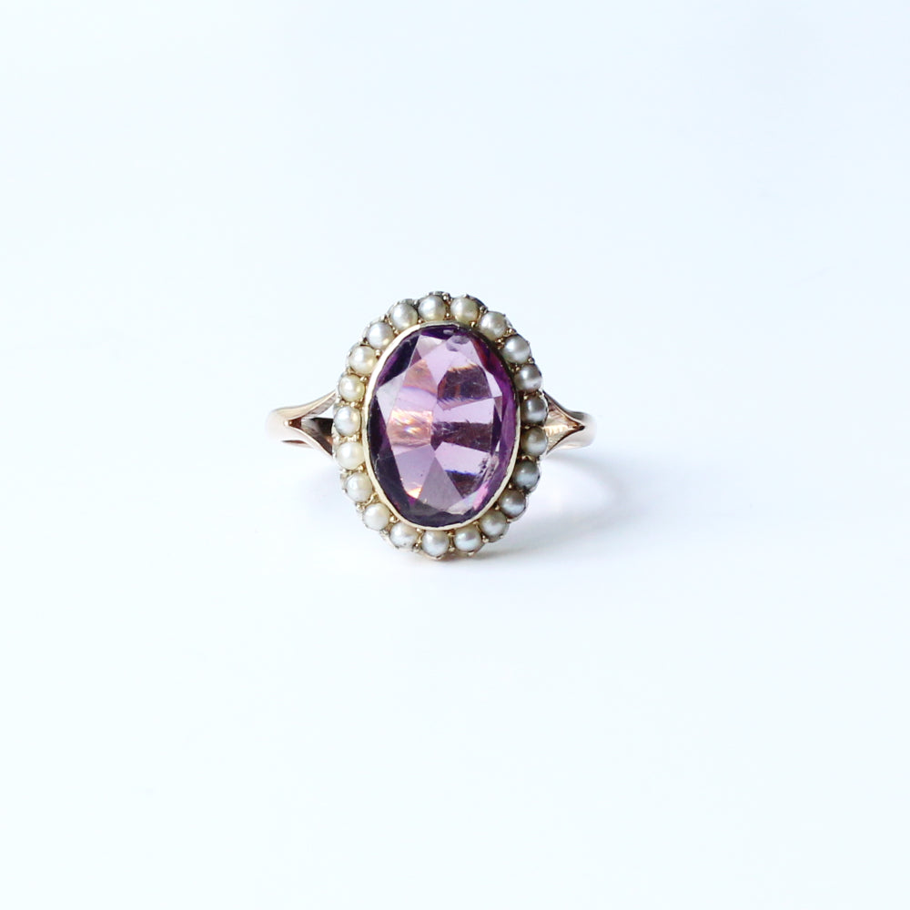Antique 9ct Amethyst with Pearl Halo Ring