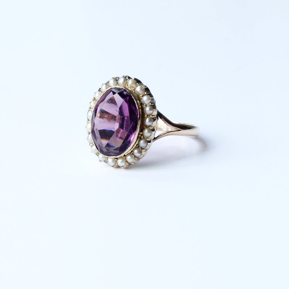 Antique 9ct Amethyst with Pearl Halo Ring