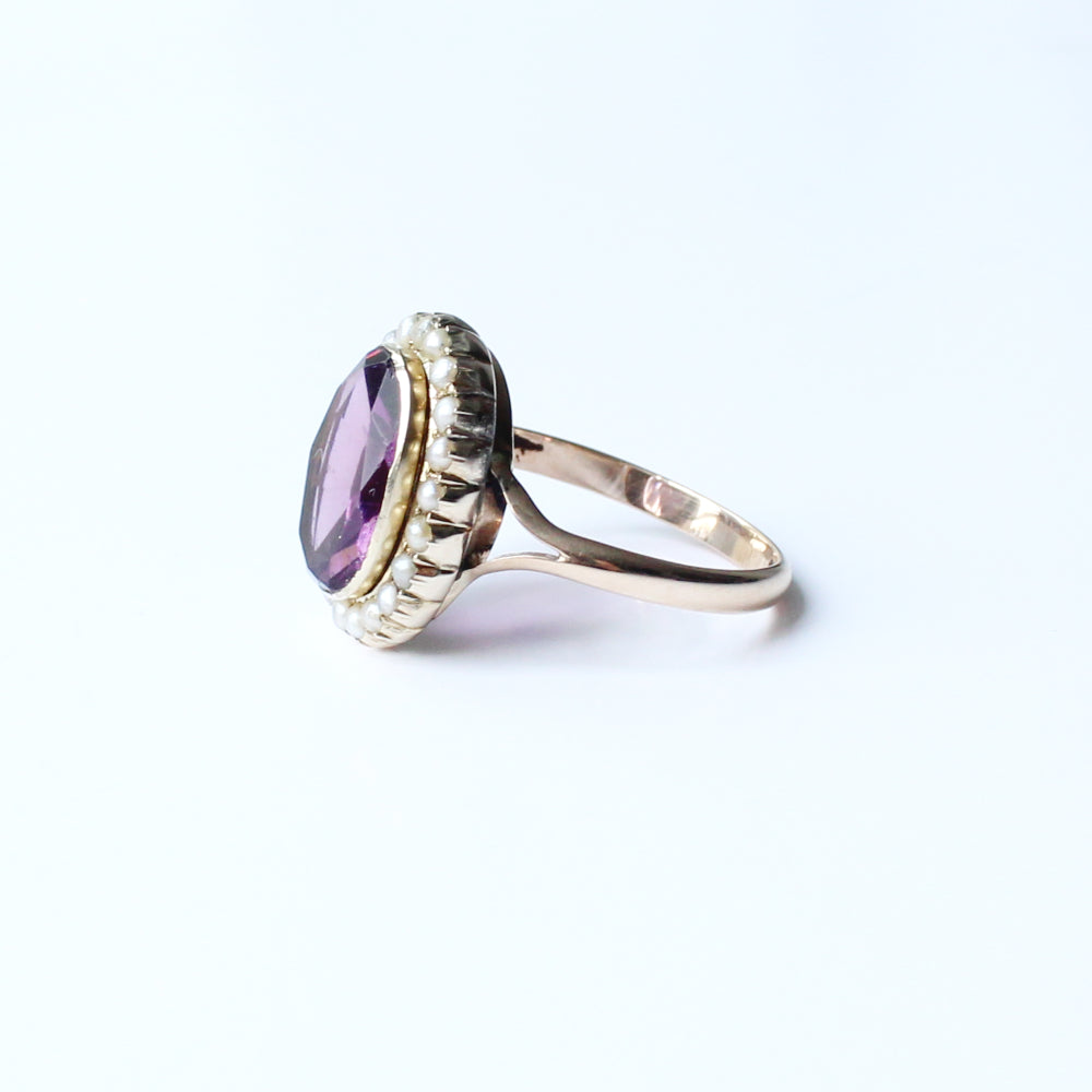 Antique 9ct Amethyst with Pearl Halo Ring