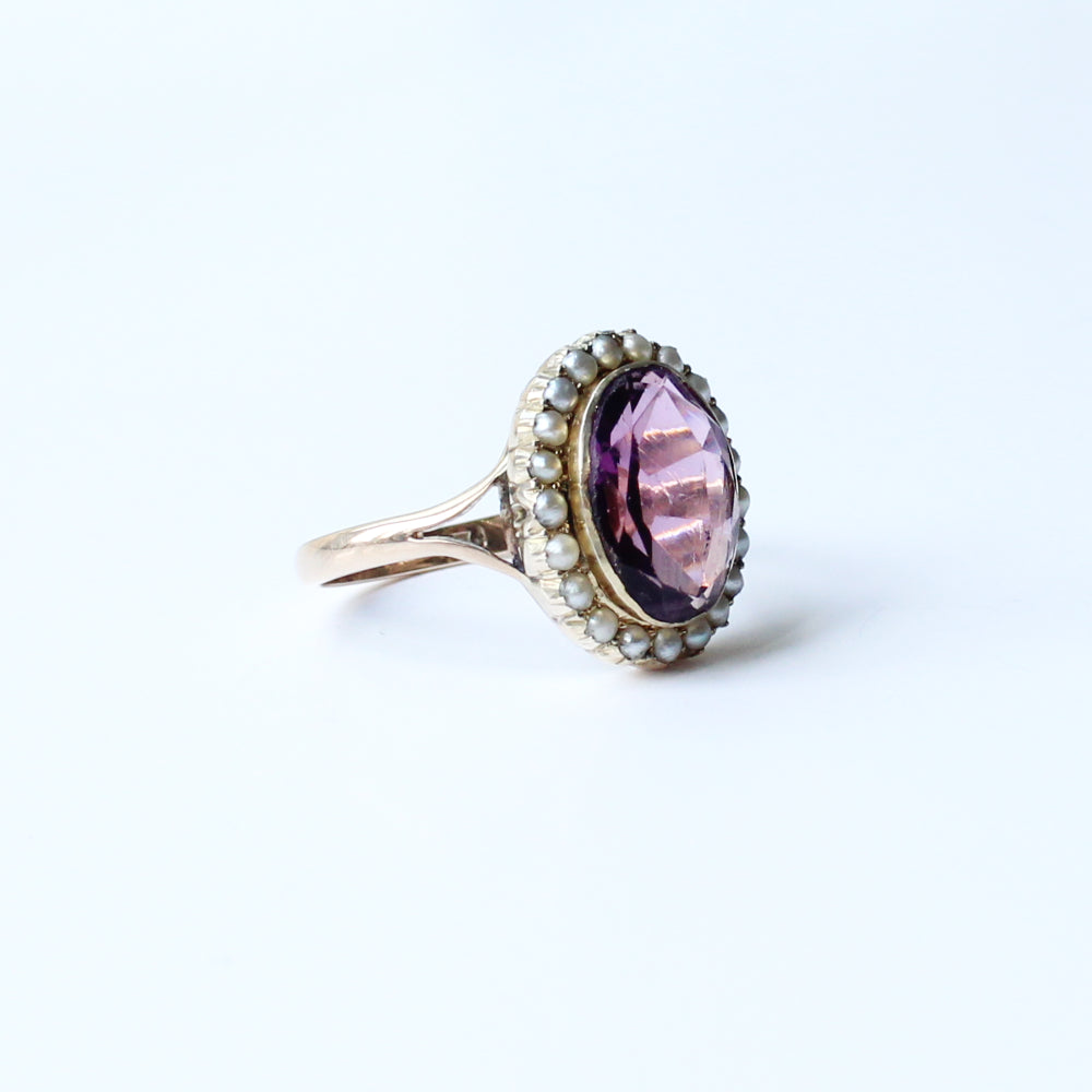 Antique 9ct Amethyst with Pearl Halo Ring