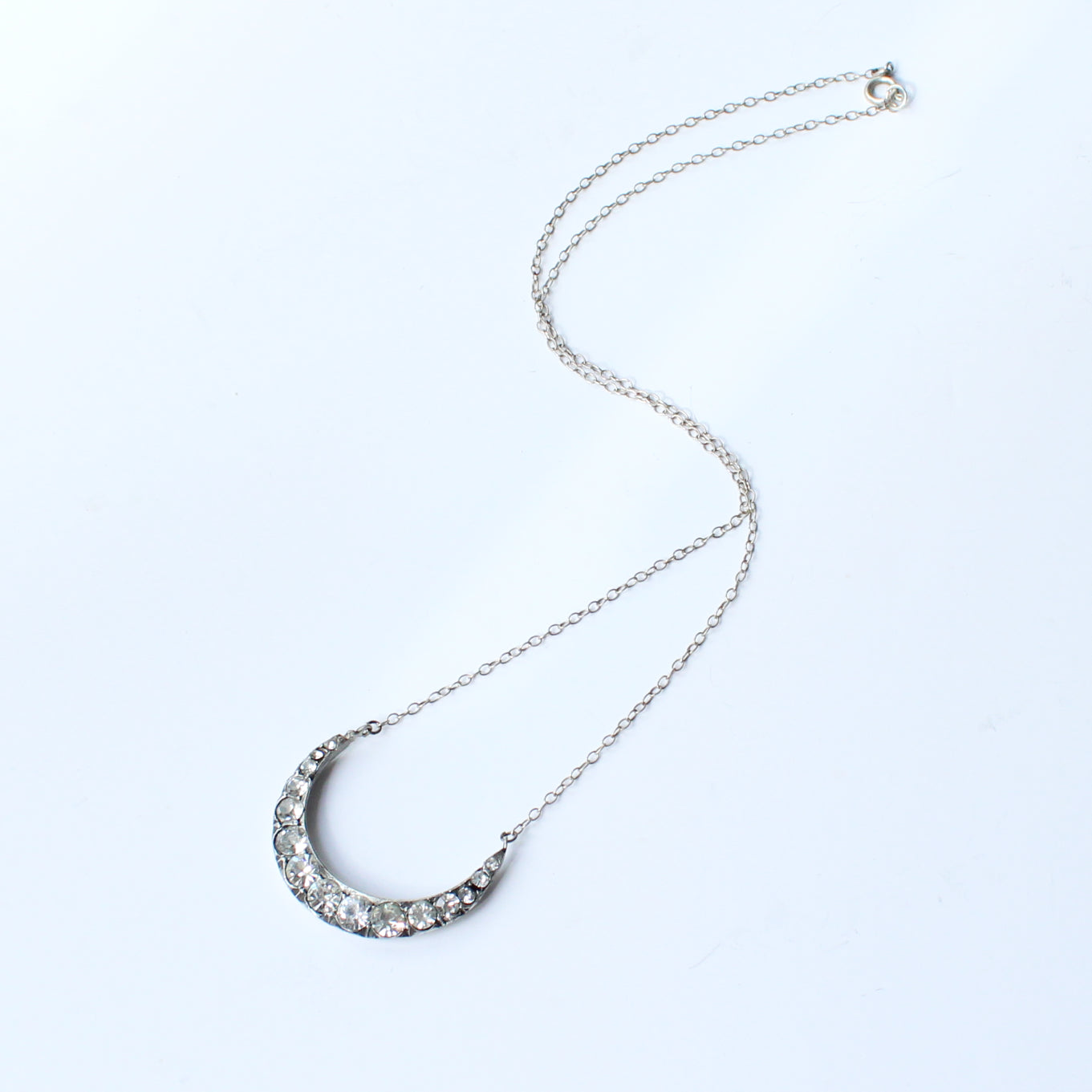 Antique Solid Silver Diamond Paste Moon Necklace