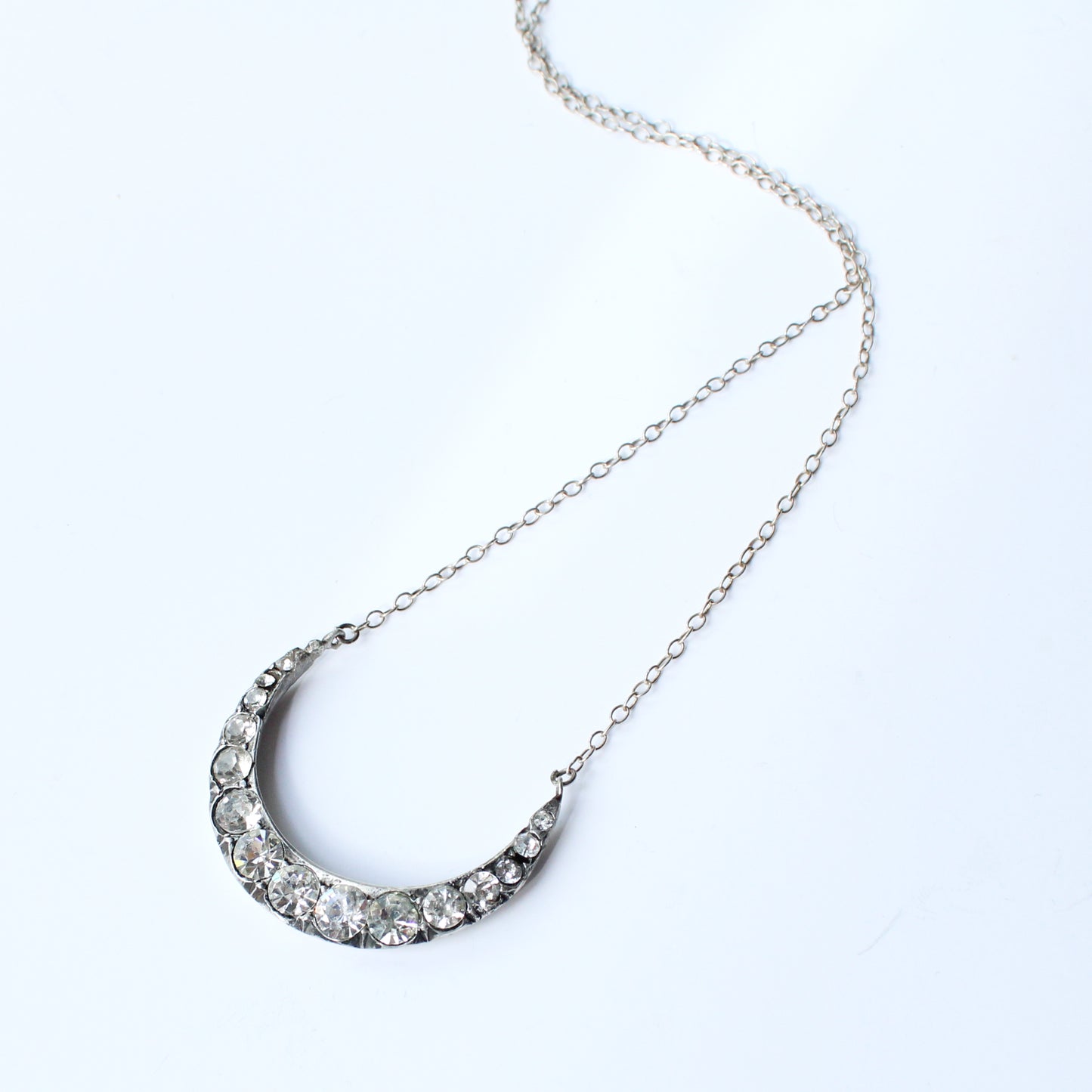 Antique Solid Silver Diamond Paste Moon Necklace