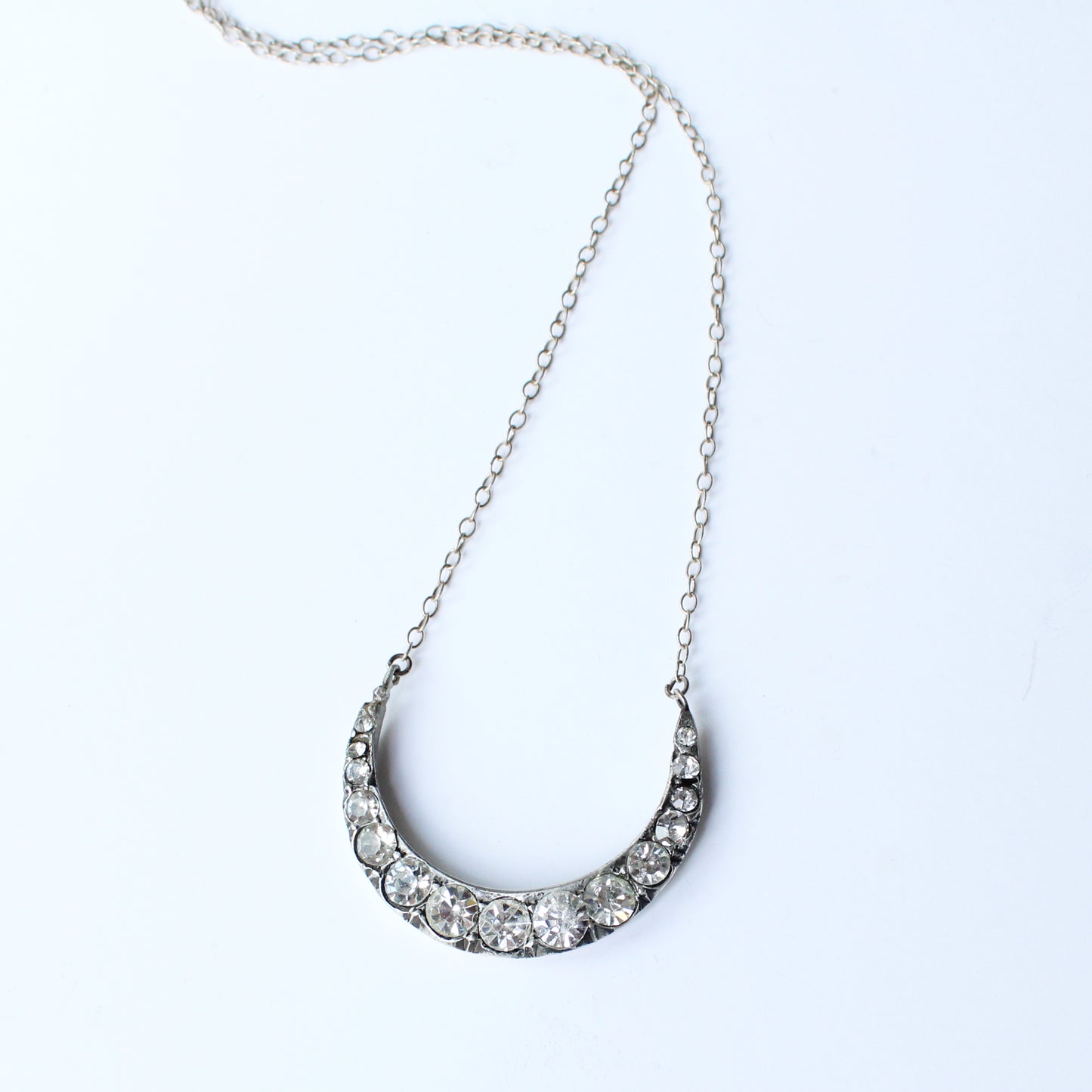 Antique Solid Silver Diamond Paste Moon Necklace
