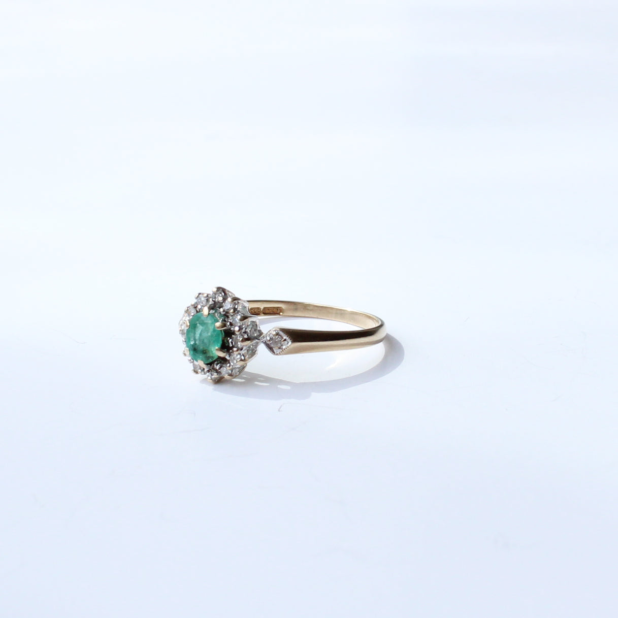 Vintage 9ct Gold Emerald & Diamond Halo Ring