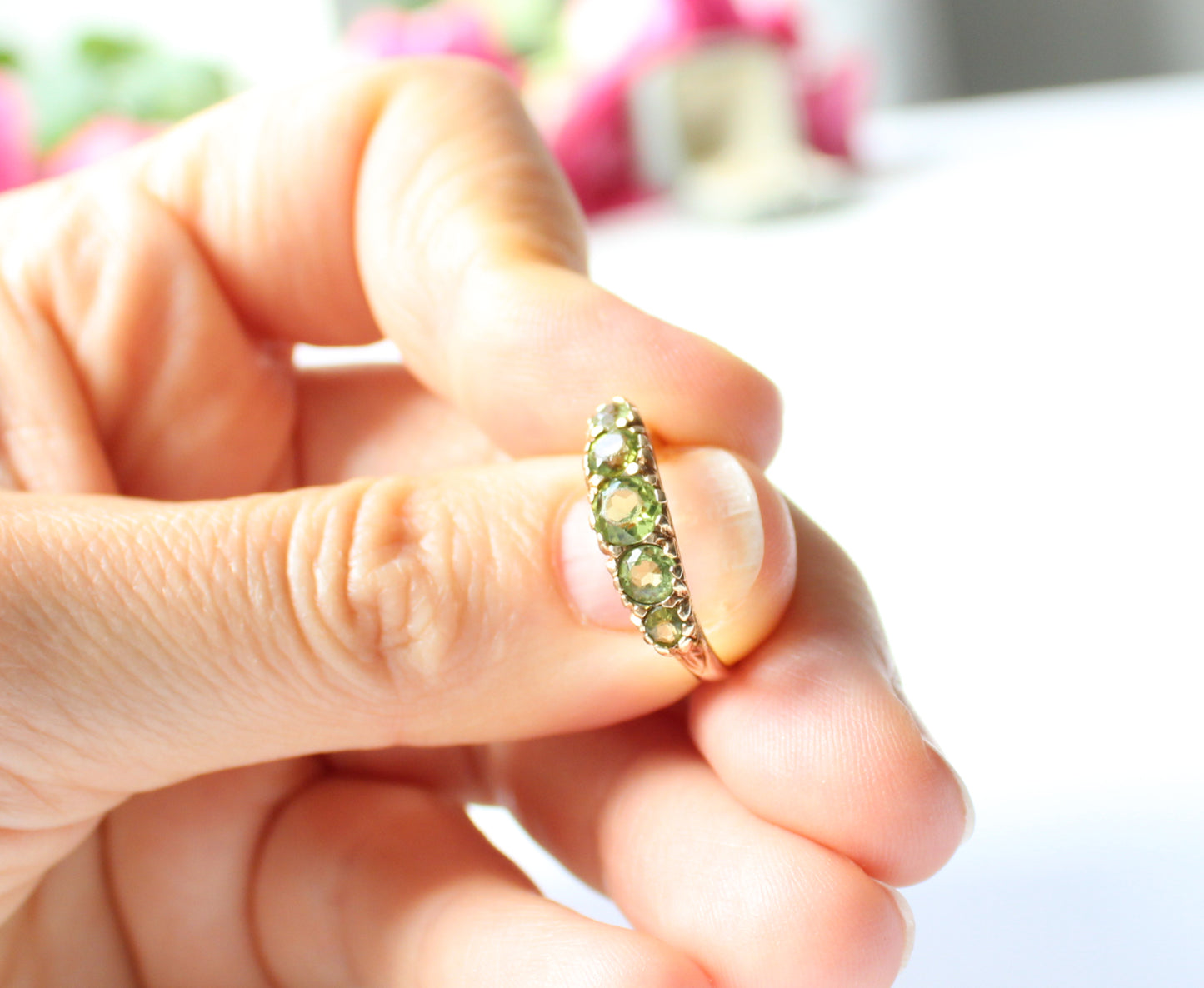 Antique 9ct Gold Peridot Five Stone Ring