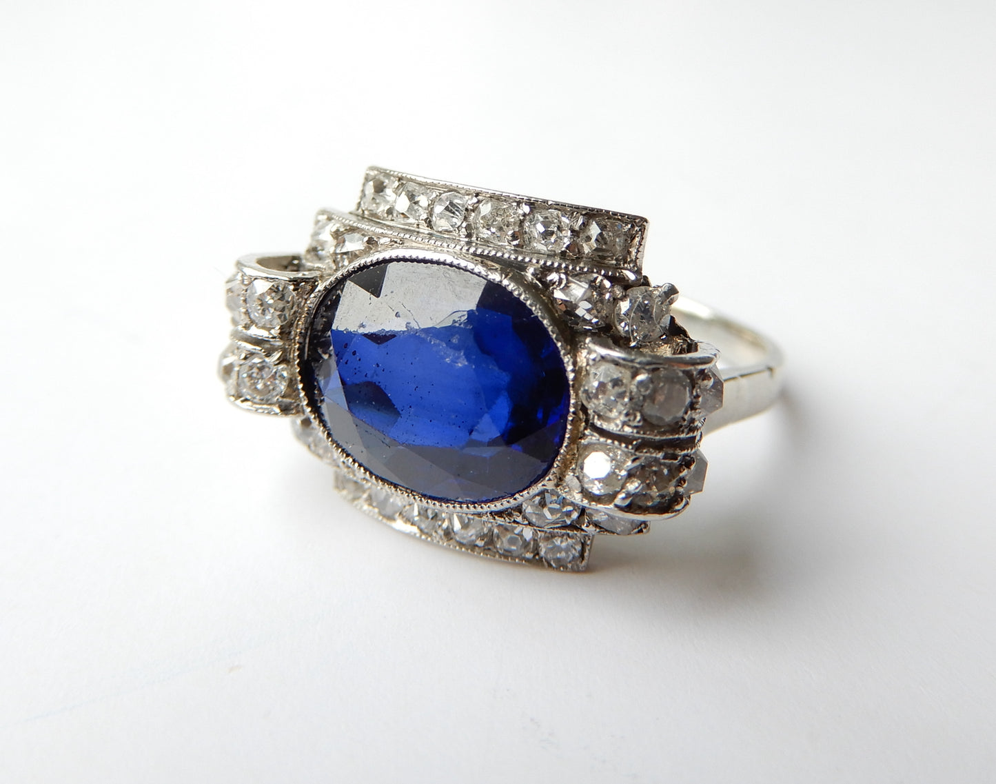 French Art Deco Sapphire & Diamond Ring