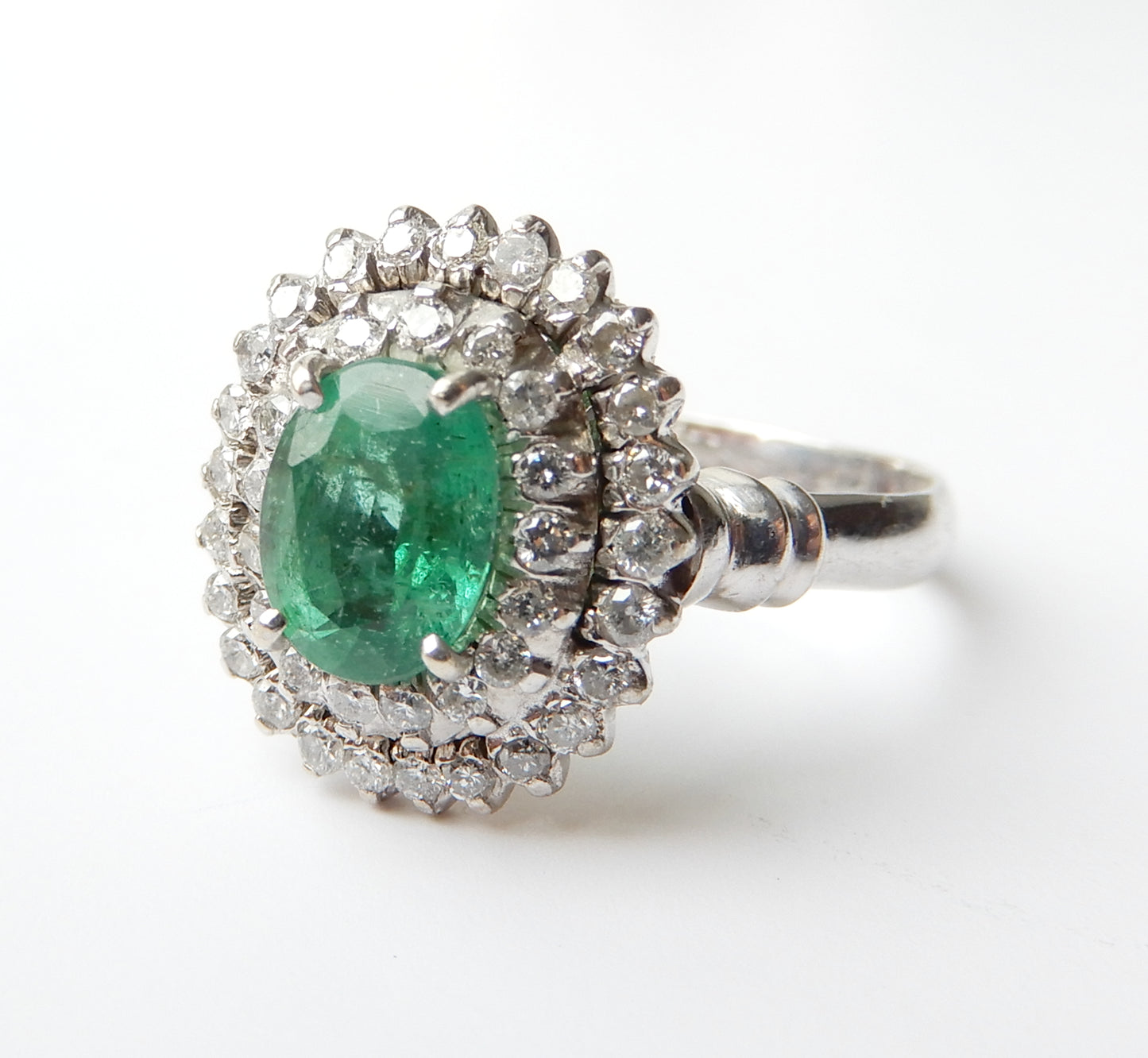 14ct White Gold Emerald & Diamond Halo Ring