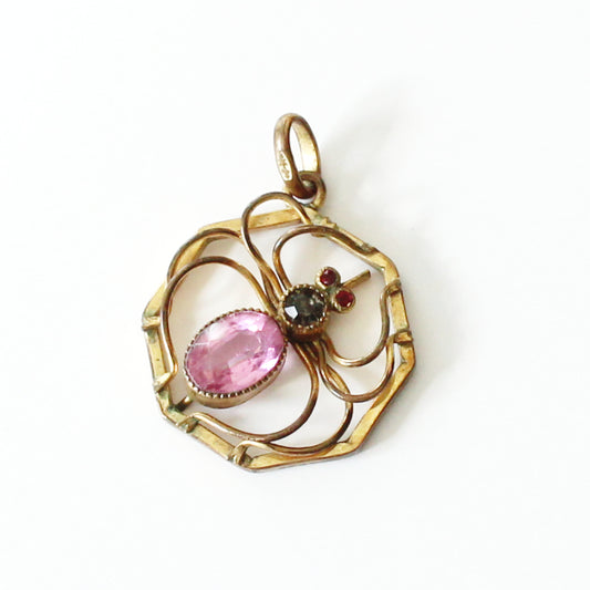 Edwardian Rolled Gold Pink Gemstone Spider Pendant