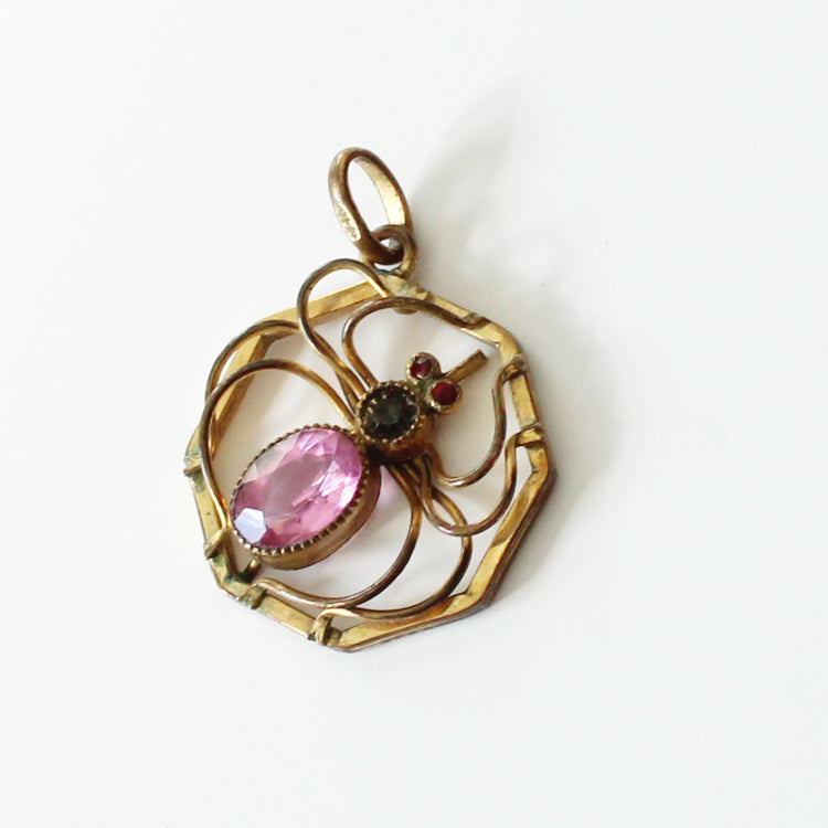 Edwardian Rolled Gold Pink Gemstone Spider Pendant