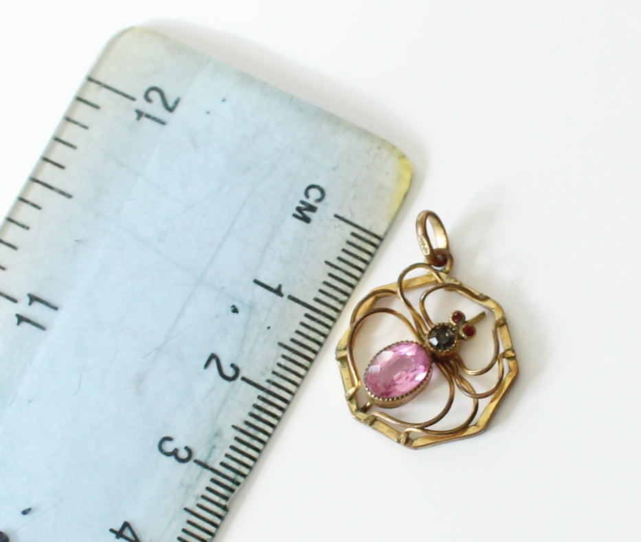 Edwardian Rolled Gold Pink Gemstone Spider Pendant