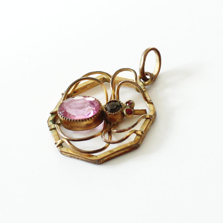 Edwardian Rolled Gold Pink Gemstone Spider Pendant