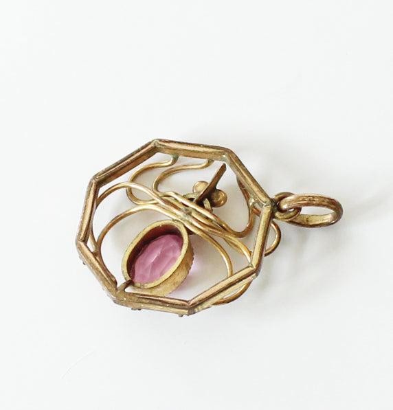 Edwardian Rolled Gold Pink Gemstone Spider Pendant