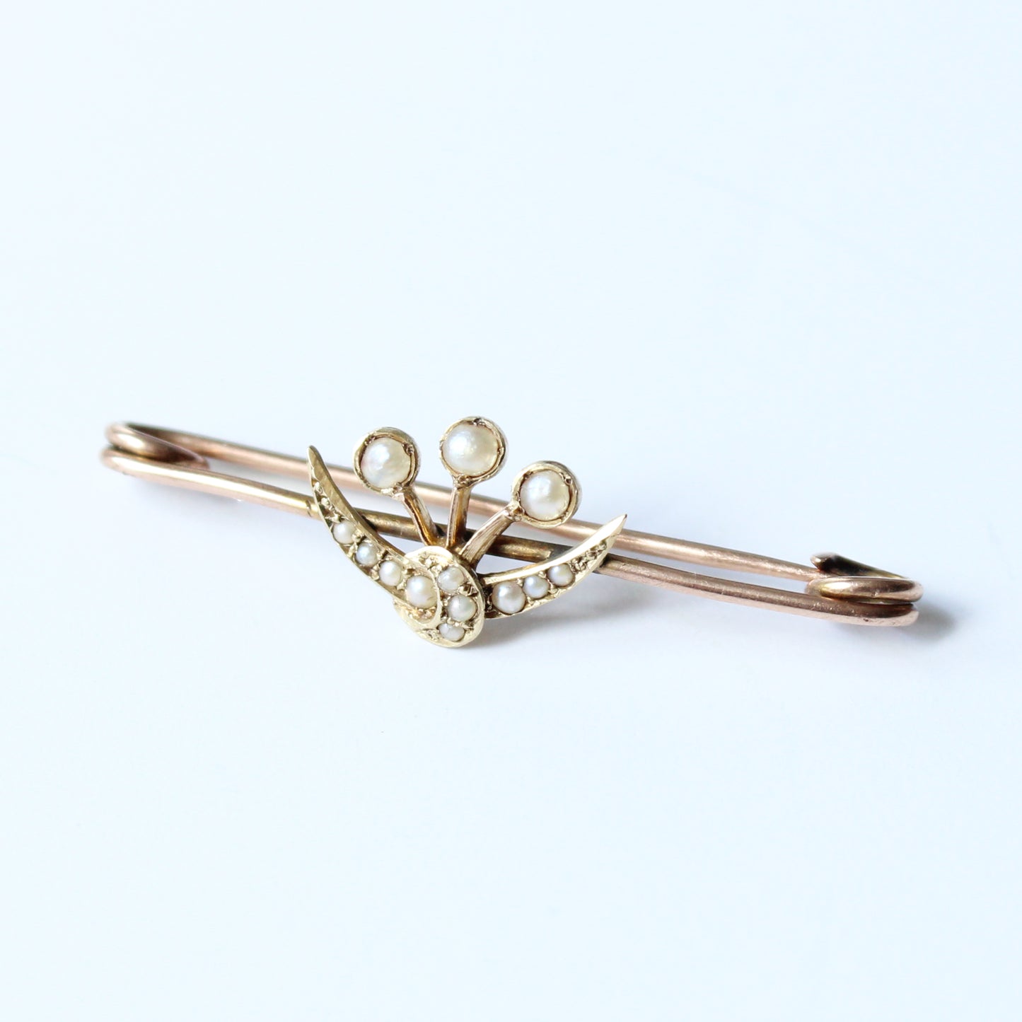 Antique 9ct Gold Pearl Moon Crescent Brooch