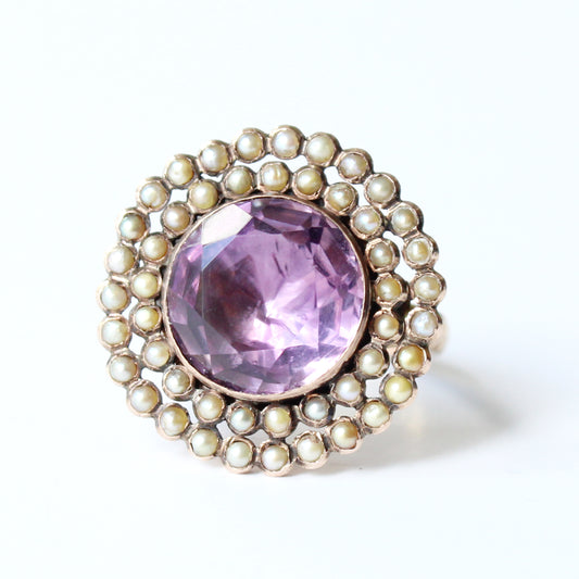 Antique 9ct Gold Amethyst & Pearl Halo Ring
