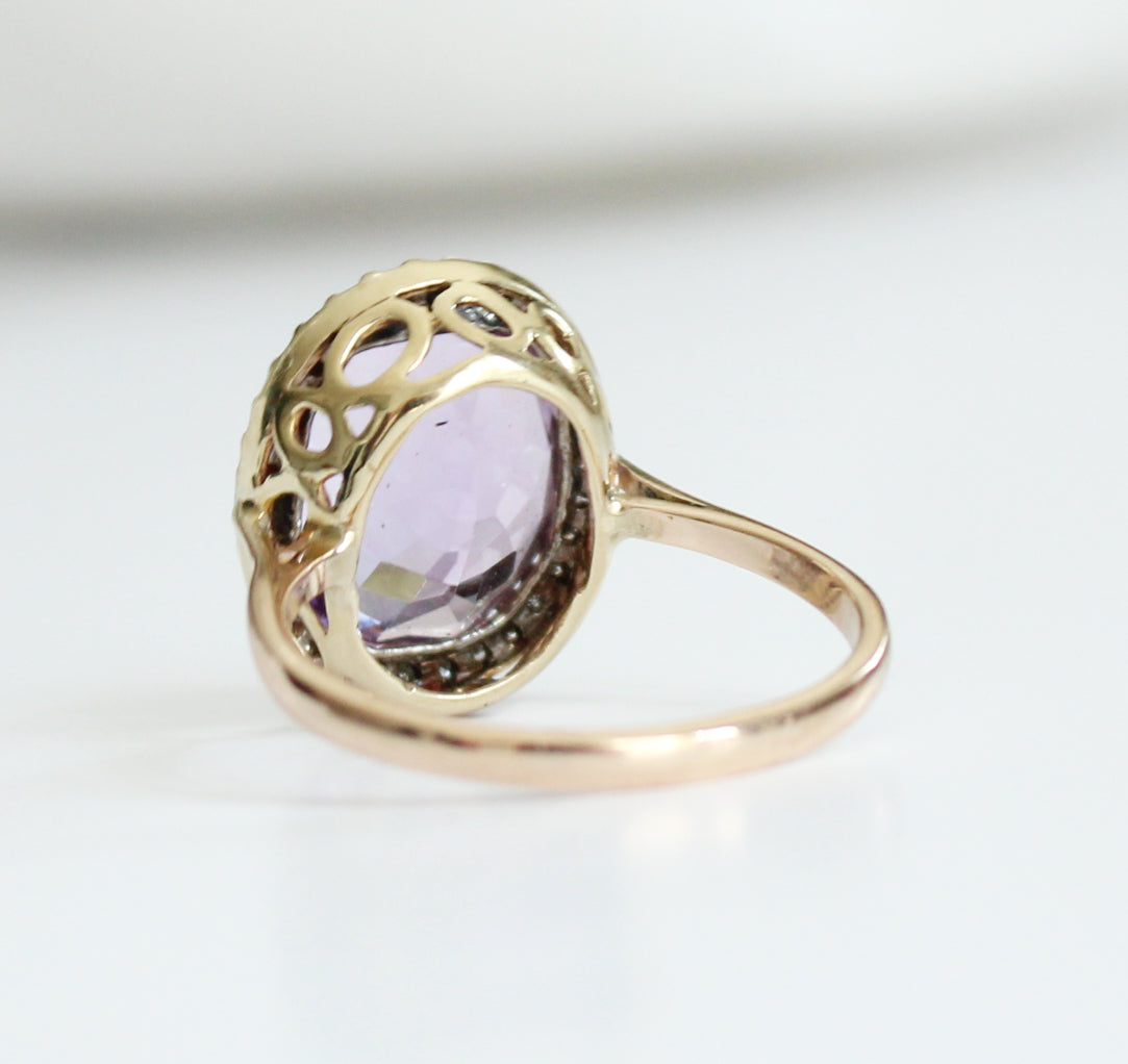 Antique 9ct Amethyst & Diamond Halo Ring