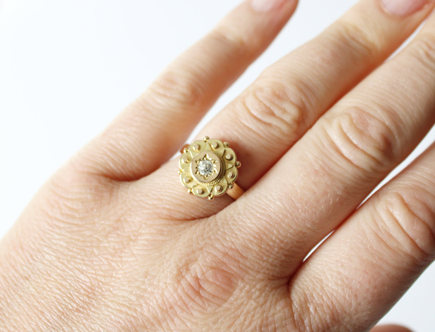 Antique 9ct Gold Etruscan Diamond Ring