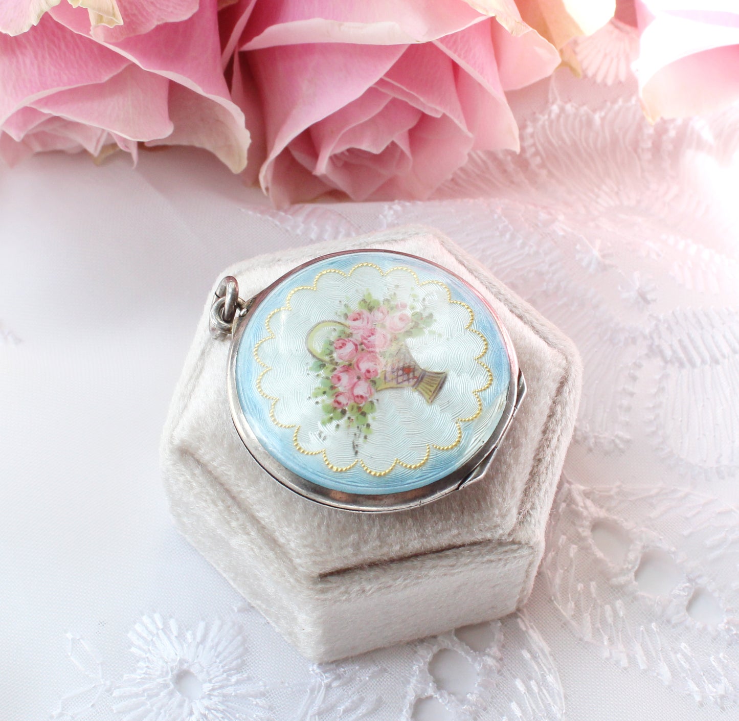 Antique French Silver Guilloche Enamel Flower Locket