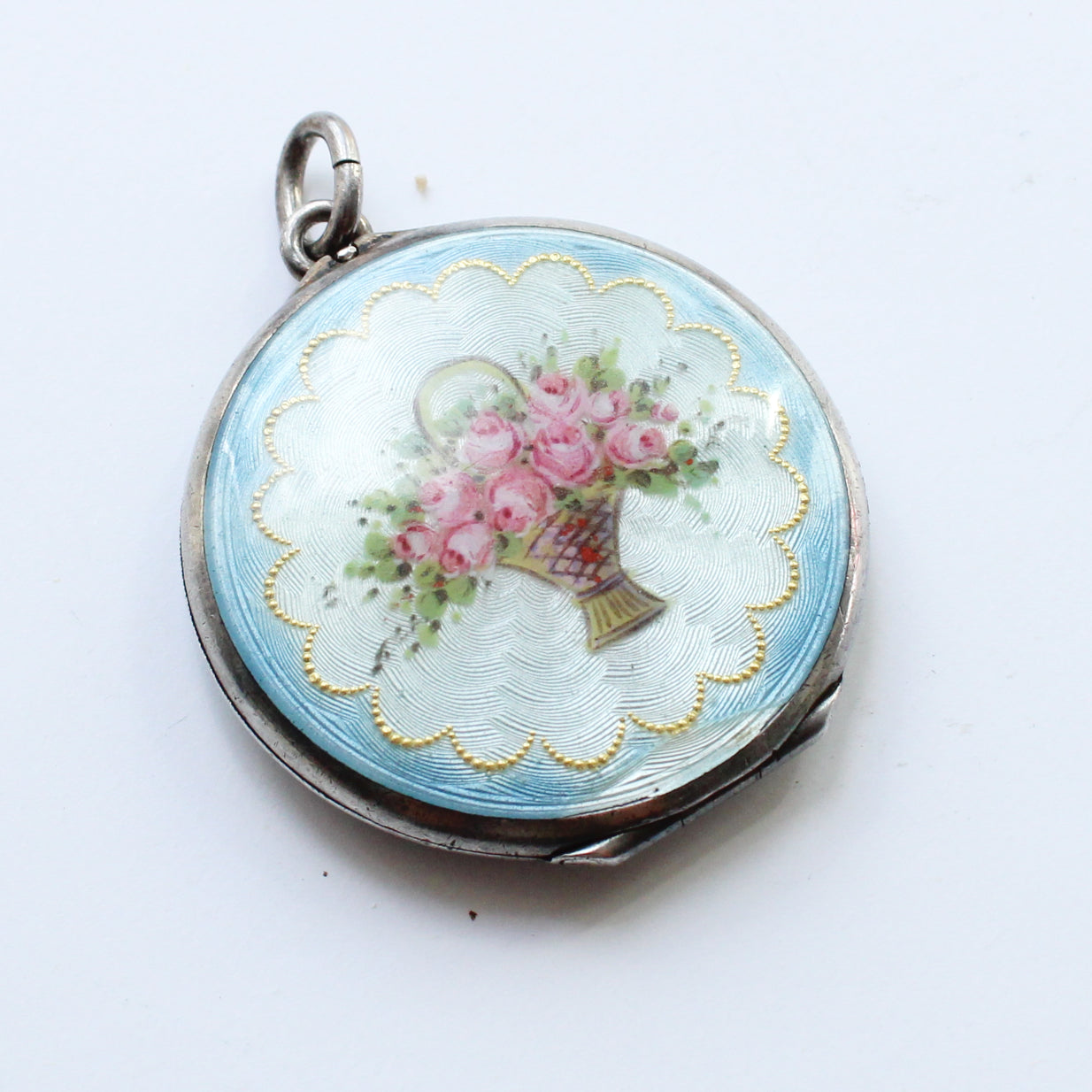 Antique French Silver Guilloche Enamel Flower Locket