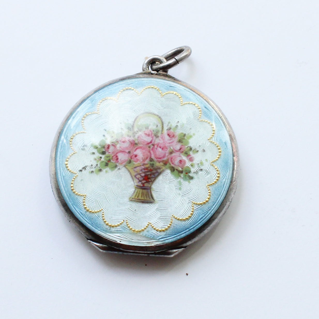 Antique French Silver Guilloche Enamel Flower Locket