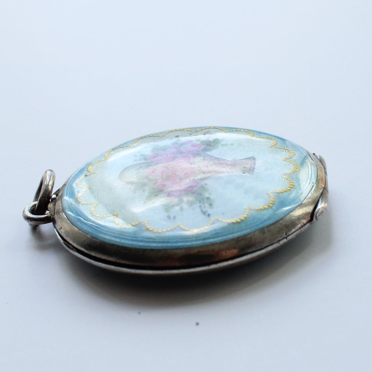 Antique French Silver Guilloche Enamel Flower Locket
