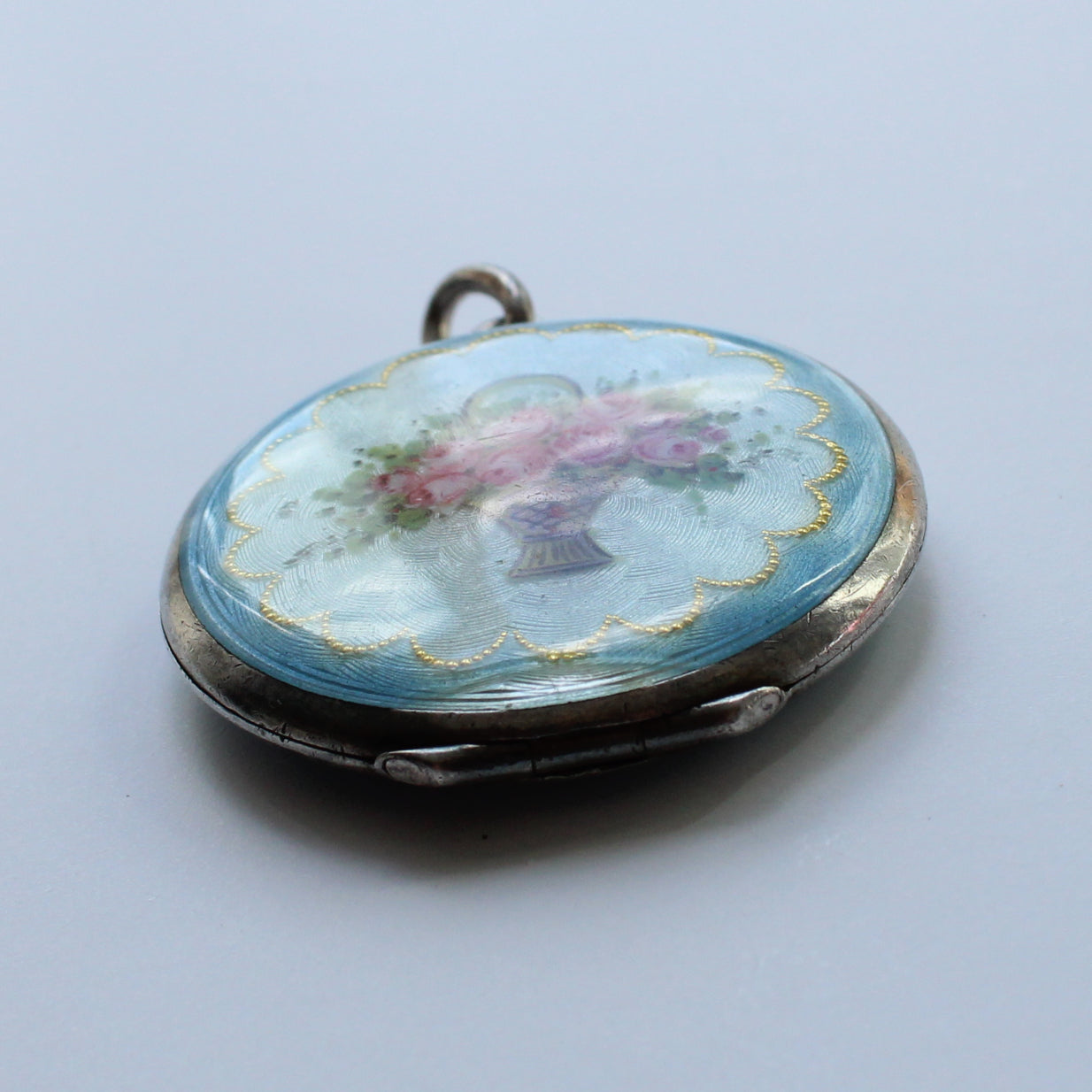 Antique French Silver Guilloche Enamel Flower Locket