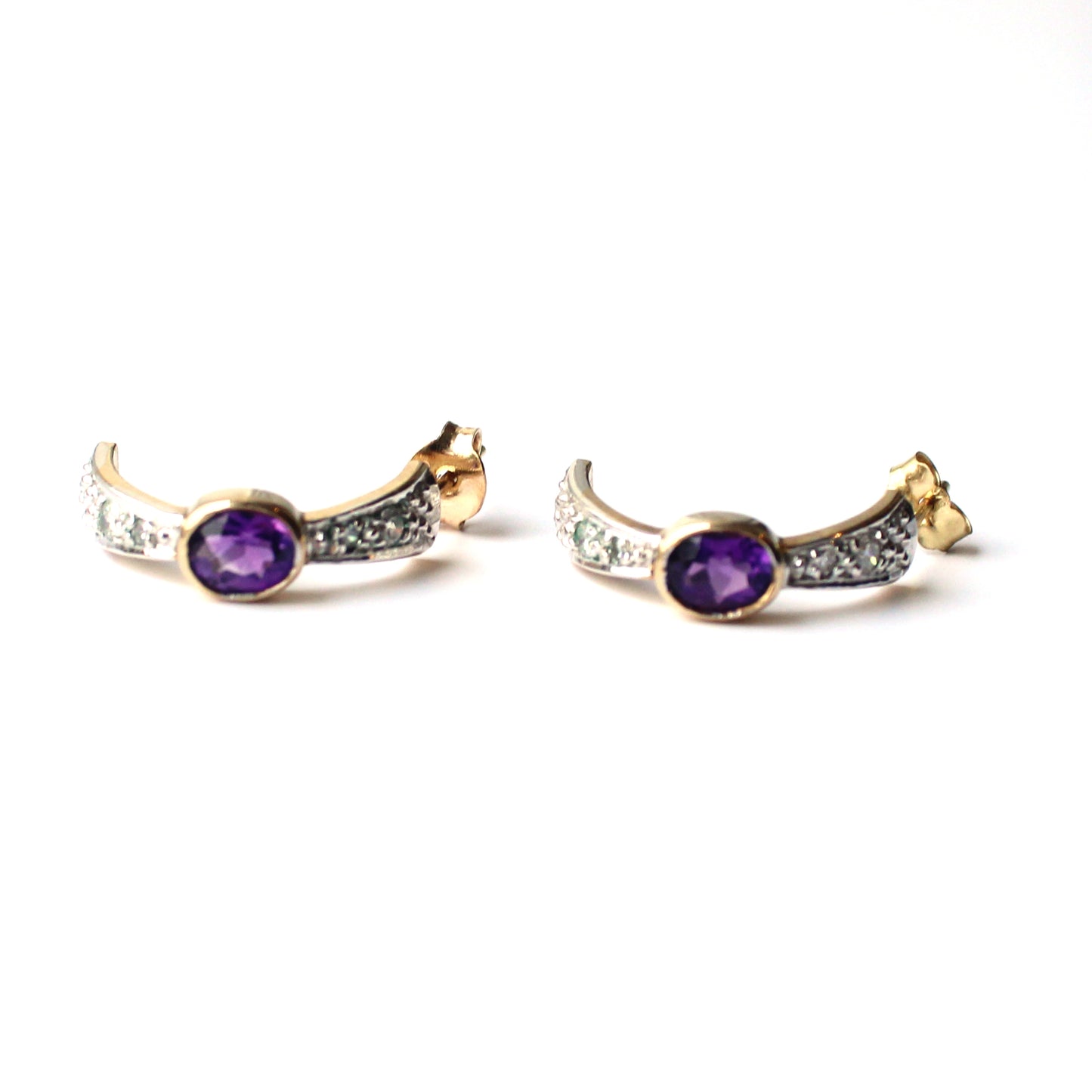 9ct Gold Half Hoop Amethyst & Diamond Earrings