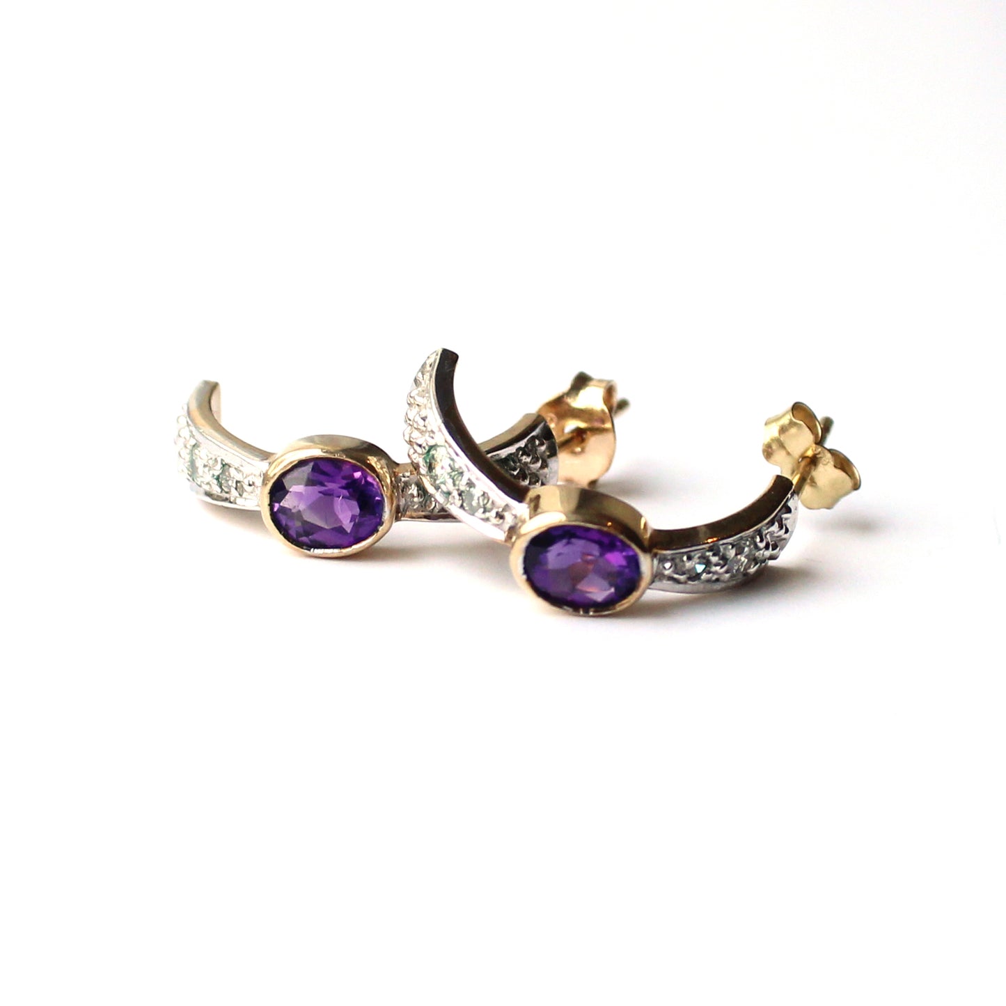 9ct Gold Half Hoop Amethyst & Diamond Earrings