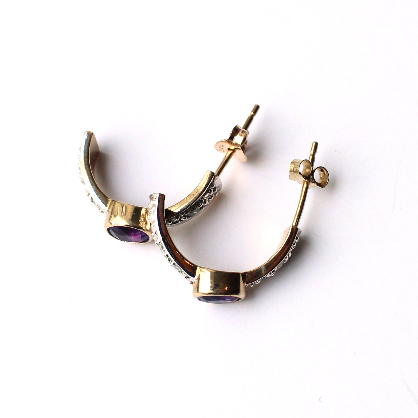 9ct Gold Half Hoop Amethyst & Diamond Earrings