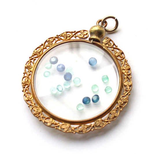 Antique Rolled Gold Shaker Locket Filled with Aquas & Sapphires