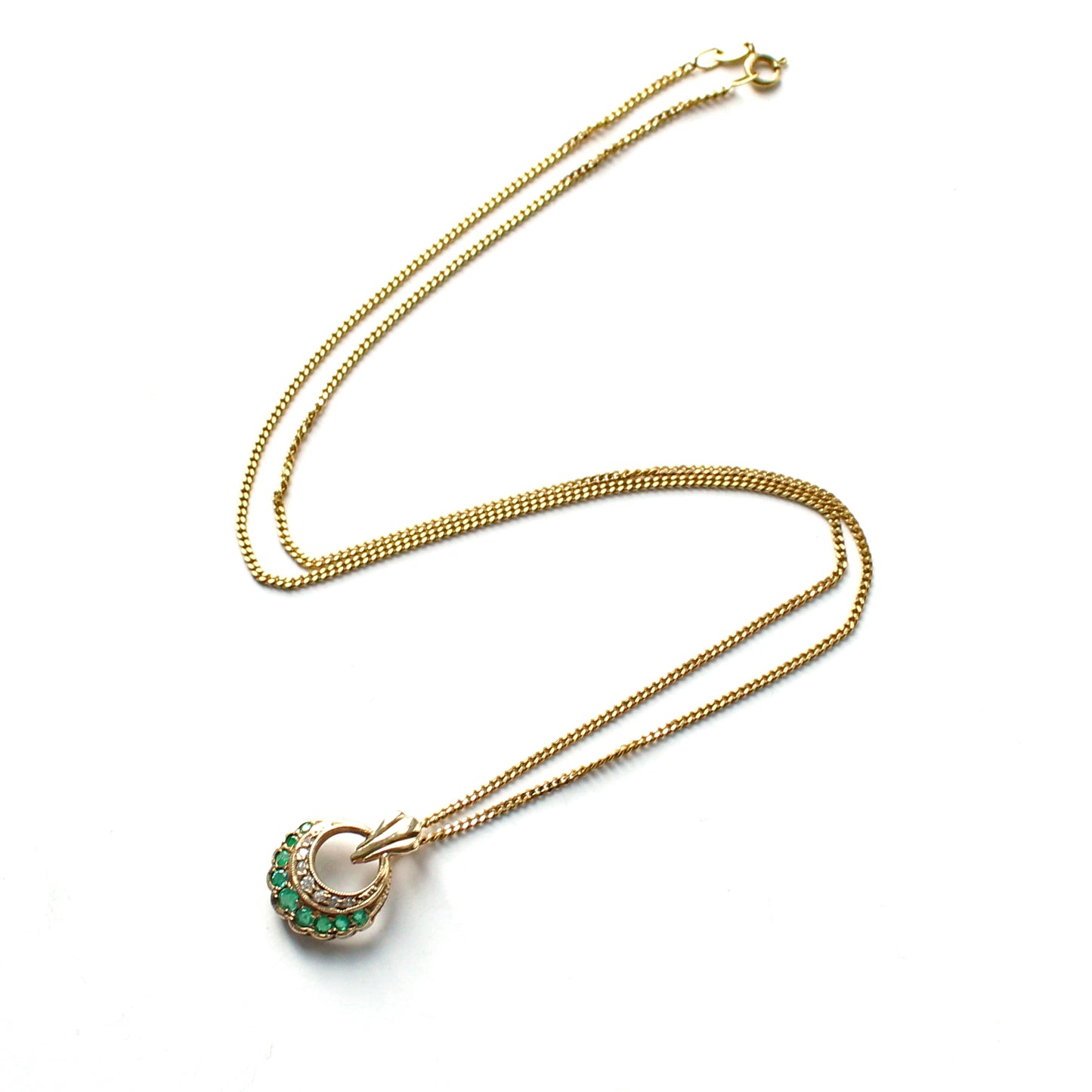 9ct Gold Emerald & Diamond Crescent Pendant with 9ct Gold Chain