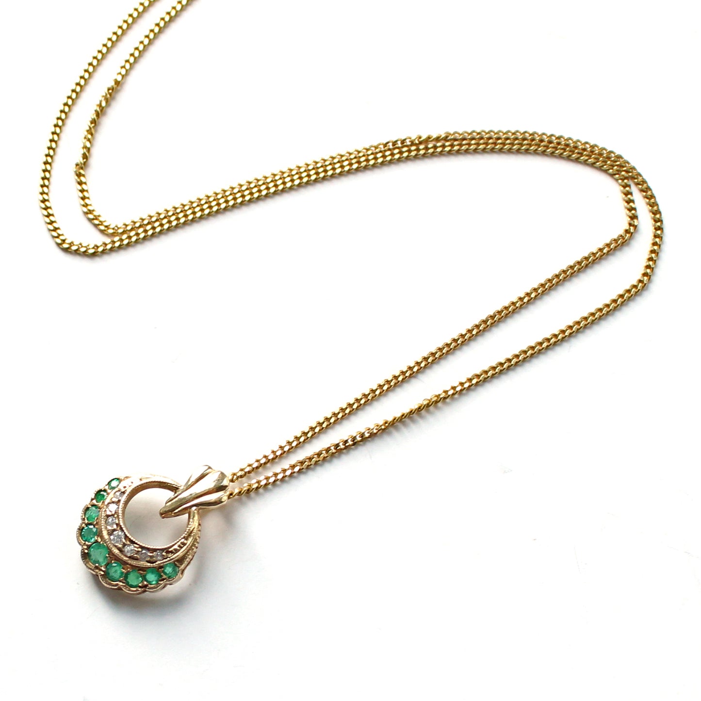 9ct Gold Emerald & Diamond Crescent Pendant with 9ct Gold Chain