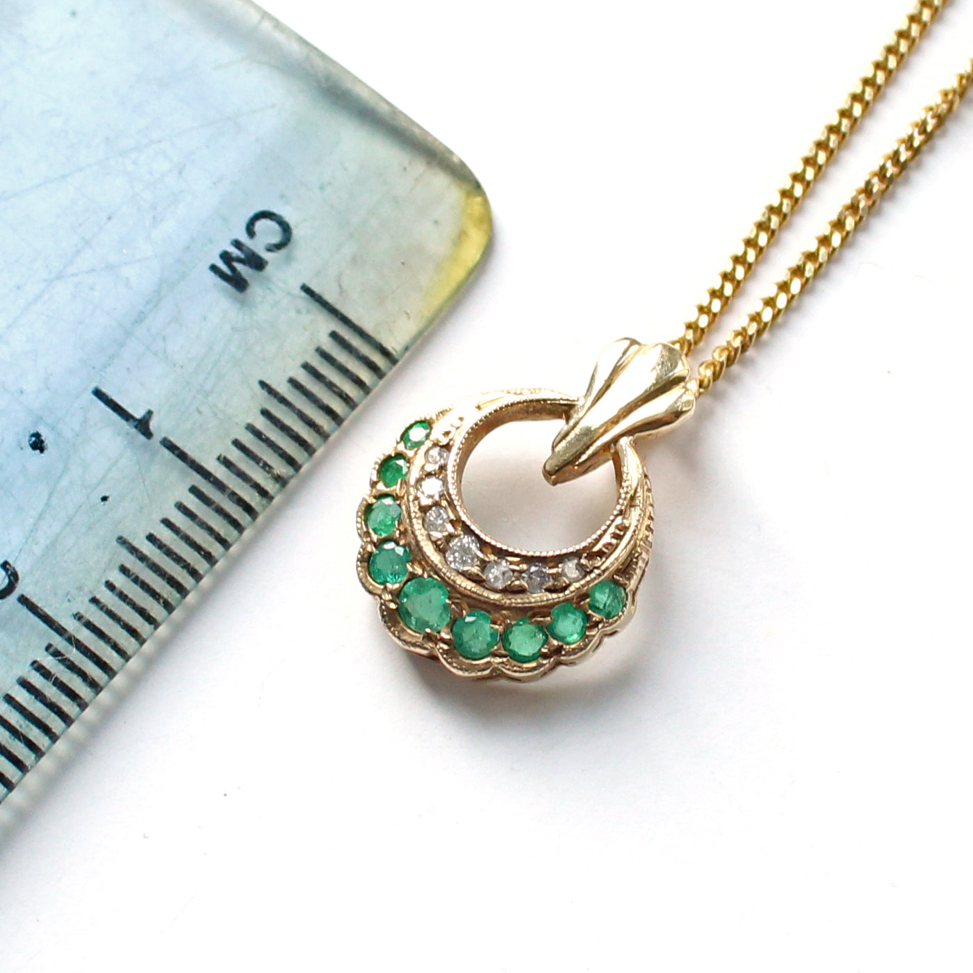 9ct Gold Emerald & Diamond Crescent Pendant with 9ct Gold Chain