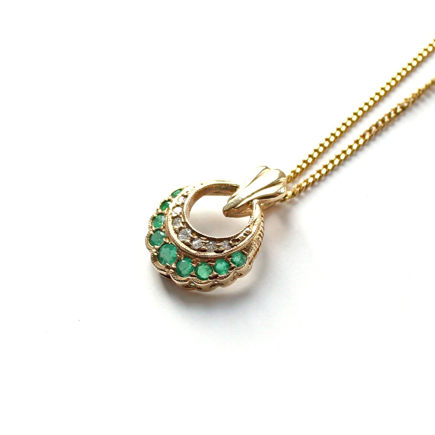 9ct Gold Emerald & Diamond Crescent Pendant with 9ct Gold Chain