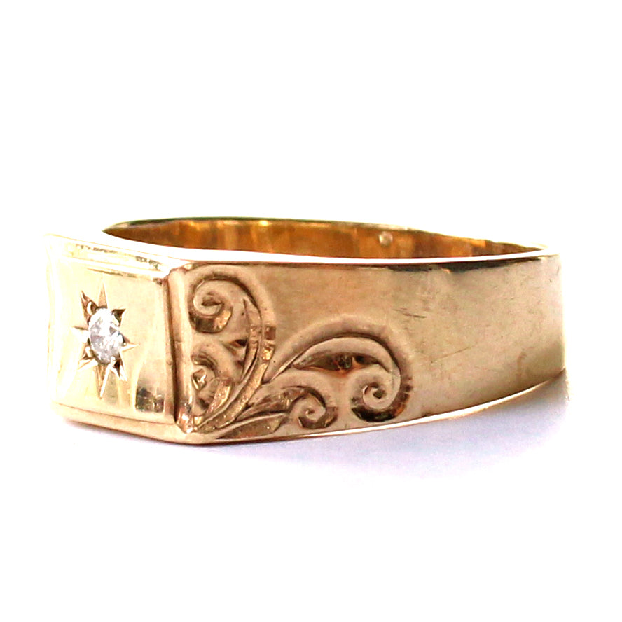 Vintage 9ct Gold Diamond Starburst Signet Ring
